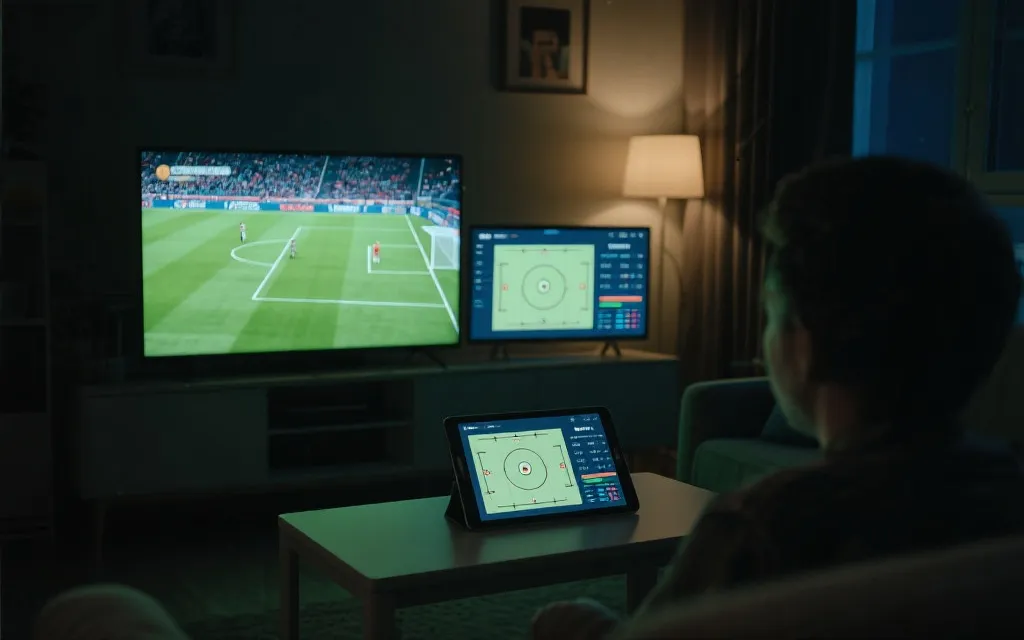 两屏观赛：电视显示比赛主画面，旁边平板显示战术板与数据统计，夜晚氛围