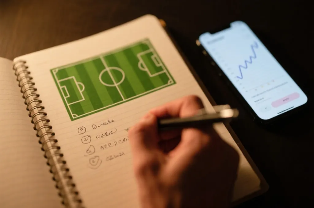 Tactical planning notebook with hand drawing soccer strategies next to a smartphone with statistical graphs